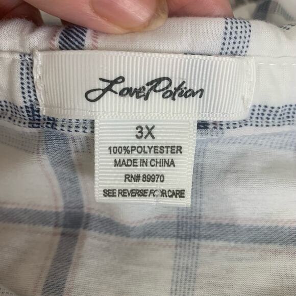 Love Potion Plus Size 3X Plaid Shirt Blue White Button Up Long Sleeve Ruched - Picture 7 of 7